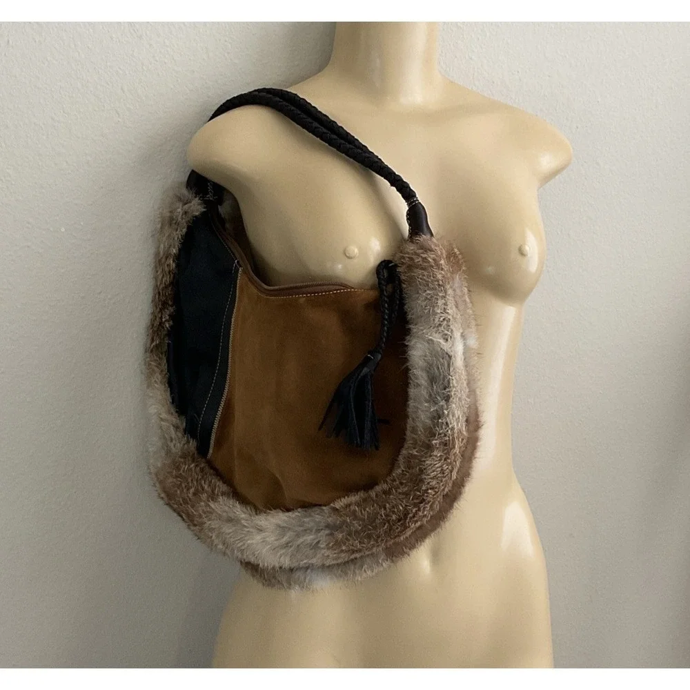 Maxx New York Purse Hobo Brown Leather Suede Fur Bag Shoulder Leather